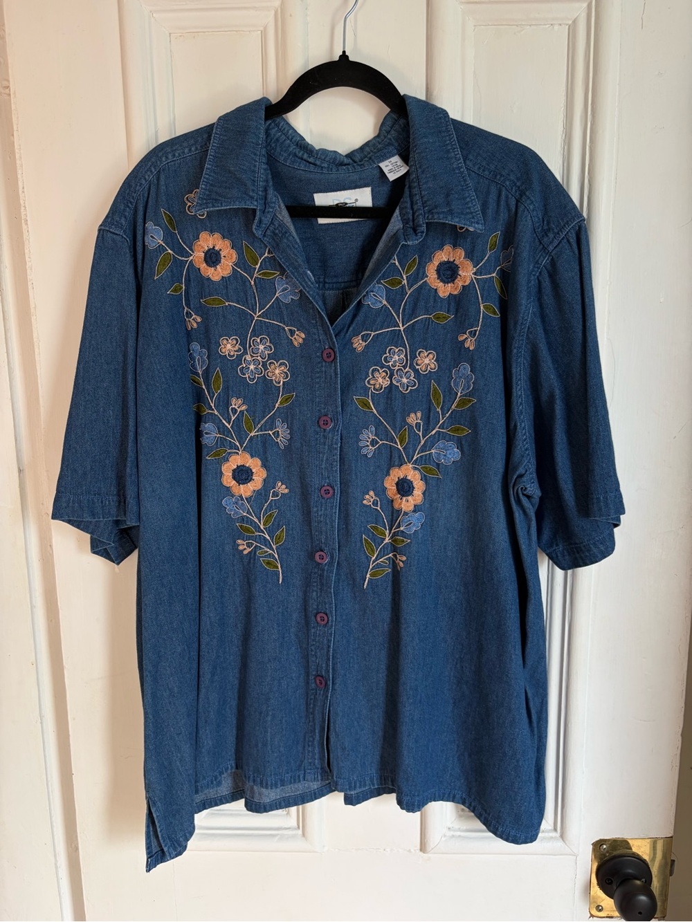 Vintage Embroidered Denim Button-Up Shirt - Blue